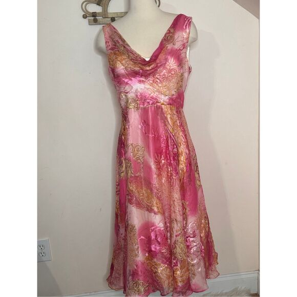 Victor Costa Y2K Pink and Yellow Paisley Silk Party Dress 12 - Picture 1 of 7